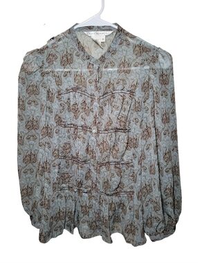 Max Studio Sz Sm Women's Paisley Print Long Sleeve Blouse Sheer Light Blue Boho